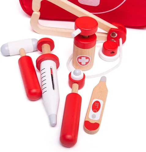 Vista 5 de Bigjigs Toys Juego de médicos para niños, juego de médicos de madera de 10 piezas con estetoscopio para niños, termómetro, medicina y más en estuche