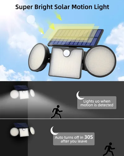 Vista 4 de Luces solares de pared para exteriores, 3 cabezales ajustables de 270°, iluminación de gran angular de 3000 lúmenes, 204 luces LED de inundación