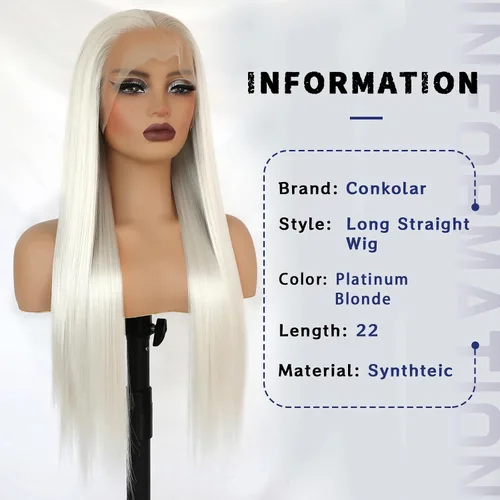 Vista 2 de Pelucas de encaje frontal rubio platino de 13 x 4, cabello largo y lacio, peluca blanca sintética con encaje frontal para mujeres, cabello Kanekalon