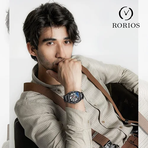 Vista 2 de RORIOS Reloj mecánico automático para hombre, con correa de piel, reloj luminoso, reloj de viento automático Tonneau