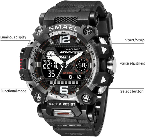 Vista 4 de Relojes de hombre para deportes al aire libre, reloj militar, resistente al agua, analógico-digital, multifunción, electrónico, con alarma LED
