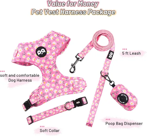 Vista 2 de Arnés para perro con correa y soporte para bolsa de excrementos, juego de 4 piezas, ajustable sin tirones, chaleco acolchado de malla suave