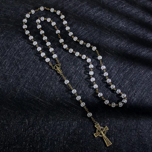 Vista 74 de KOMI Rosario de cuentas católicas para mujer, collar de cuentas de rosario con cruz de crucifijo, perlas de cristal, rosario, rosarios, católicos