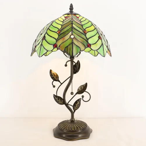Vista 4 de Tiffany Table Lamp Stained Glass Bedside Reading Light W12H19 inch Brown Green Leaf Style Stained Glass Desk Light Pull Chain Switch Metal Leaf