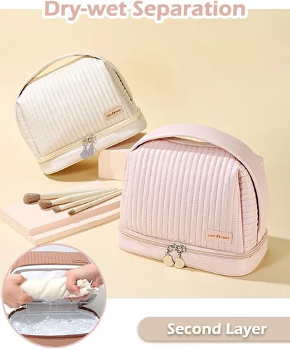 Vista 4 de Bolsa de cosméticos para mujer, bolsa de aseo con un compartimento separado, bolsa de maquillaje de viaje con soporte para cepillos extraíble Rosa