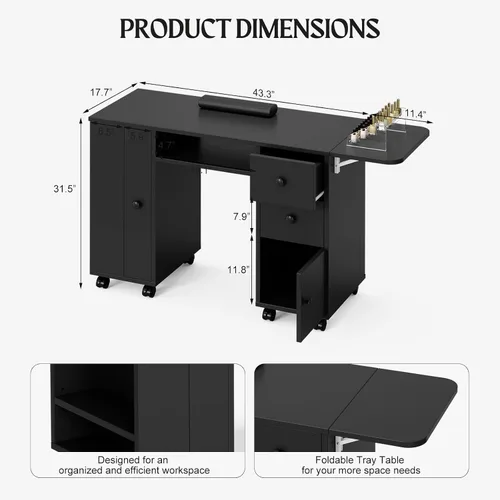 Vista 2 de Mesa de manicura con mesa extensible, mesa de escritorio de uñas para tecnología de uñas con soporte para bolsa de basura y cajón vertical, estación