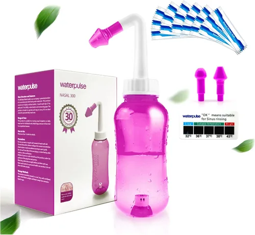 Vista 4 de Waterpulse Rinocornio para Enjuague Sinusal, Botella de Lavado Nasal Rinocornio Limpiador de Enjuague a Presión Neti-Pot con Termómetro Adherible