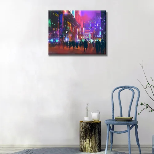 Vista 2 de LSIUHWUWI Future City Concept - Cuadro decorativo moderno para pared, impresión sobre lienzo Cyberpunk City Neon Streetview por la noche