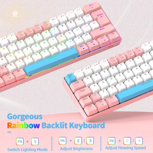 Vista 5 de ZIYOU LANG Teclado mecánico T60 con cable 60% TKL para juegos con retroiluminación LED arco iris ultra compacto NKRO Interruptor táctil azul clicky