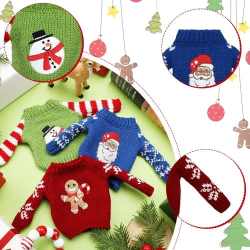Vista 4 de Aoriher 3 piezas de ropa de muñeca de Navidad, accesorios de Navidad, conjunto de suéter pequeño, ropa de punto, alce, Navidad, árbol de Papá Noel