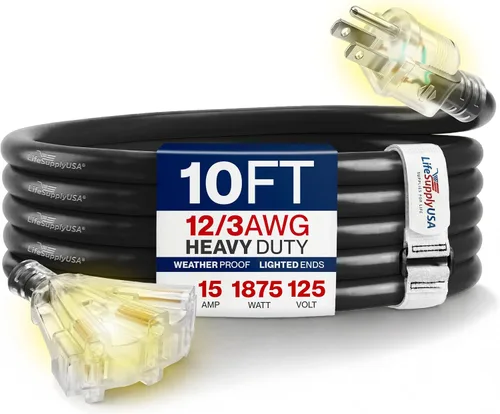 Vista 15 de Cable de extensión de 3 pies para exteriores/interiores, 3 tomas, calibre 12/3, extra resistente, 3 clavijas SJTW, impermeable, flexible, resistente