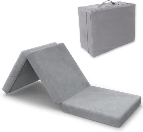Vista 11 de SINWEEK - Colchón plegable triple con bolsa de almacenamiento, colchón plegable de espuma de 4 pulgadas, colchón con funda lavable a máquina y forro