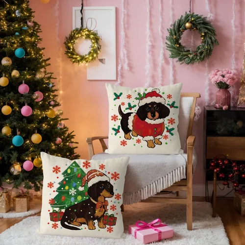 Vista 2 de Juego de 4 fundas de almohada navideñas para decoración de perro salchicha para el hogar, sofá, sala de estar, 16 x 16 pulgadas