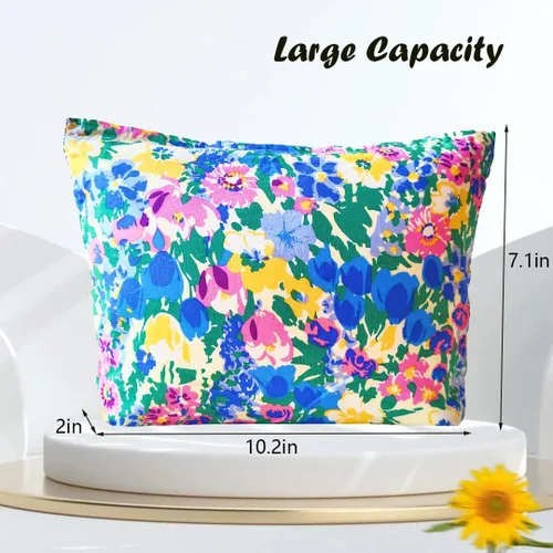 Vista 3 de Bolsa de maquillaje para mujer, bolsa de cosméticos de lona con cremallera, bolsa de maquillaje pequeña, bolsa de maquillaje floral, organizador