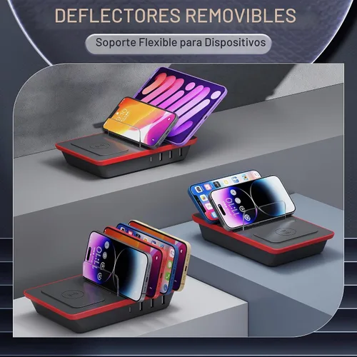 Vista 7 de Estación de carga para múltiples dispositivos, estación de carga de 4 puertos de 85 W con potentes puertos USB C PD de 18 W, cargador inalámbrico QI