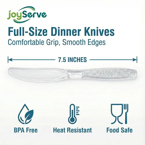 Vista 2 de JoyServe Cuchillos de plástico transparente resistentes, utensilios de fiesta resistentes al calor, sin BPA, cuchillos de plástico resistente