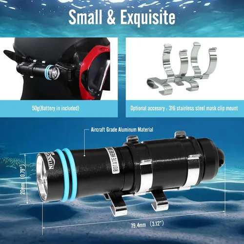 Vista 4 de nitescuba MS02 - Mini máscara de buceo, linterna de buceo, linterna subacuática, 229.7 ft, interruptor giratorio de 500 lúmenes, con batería y clip