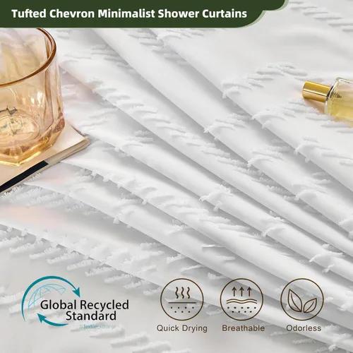 Vista 144 de Cortina de ducha Siiluminisoy de 36x72 beige, cortina de ducha de tela de tamaño pequeño, cortinas de ducha de tela con tufting, diseño chevron a