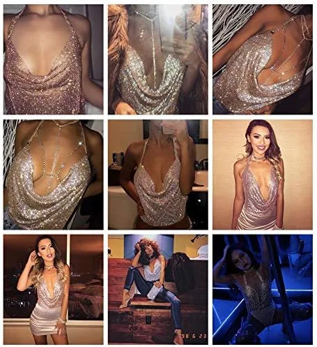 Vista 5 de Camiseta sin mangas sexy con diamantes de imitación brillantes para mujer, cuello en V profundo, cuello halter, cadena de metal, para club nocturno