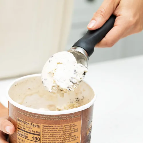 Vista 6 de Spring Chef Cuchara de helado de acero inoxidable 18/8 con mango de agarre suave, cuchara de helado resistente para helados, sorbetes, masa de Negro