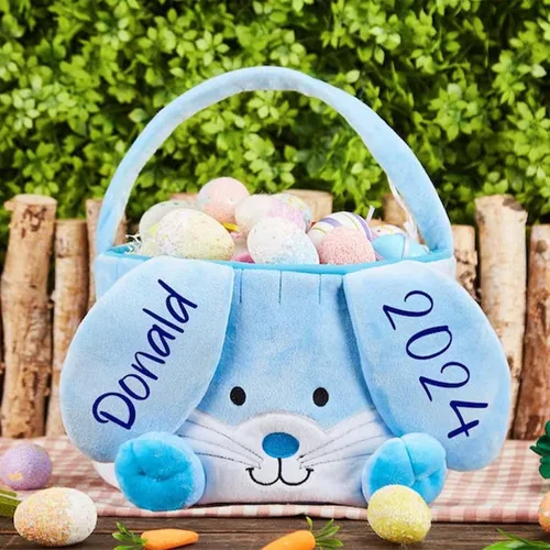 Vista 6 de Personalized Bunny Easter Basket, Custom Embroidered Monogram Easter Bucket Plush Easter Basket Kids Easter Gift Perfect for Toys and Candy