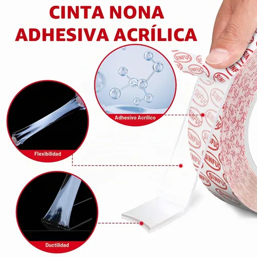 Vista 6 de Sinfuo Cinta adhesiva de doble cara resistente (0.39 pulgadas x 22 pies), cinta adhesiva nano extraíble de doble cara, cinta adhesiva transparente