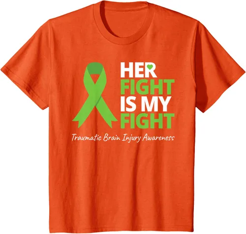 Vista 27 de Camiseta con cinta verde de la conciencia de la TBI, con texto en inglés "Her Fight Is My Fight" Jaspeado Oscuro