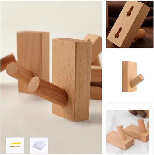 Vista 5 de HomeDo Paquete de 4 Ganchos Adhesivos de Pared Perchero para Sombreros, Ganchos de Madera para Abrigos Montados en la Pared, Ganchos Decorativos