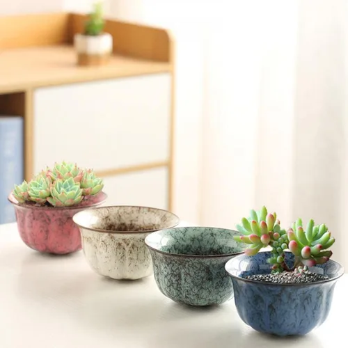Vista 3 de Macetas para suculentas con drenaje en relieve con patrón de dragón en relieve, bandeja de bambú, maceta de cerámica, 4 piezas, macetas, macetas