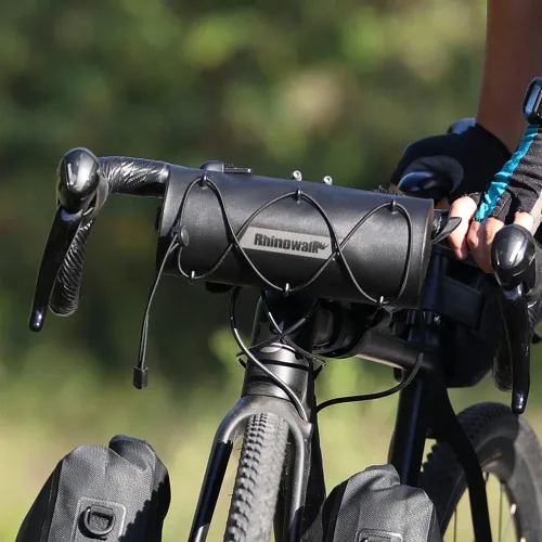 Vista 8 de Rhinowalk Bolsa de manillar impermeable para bicicleta, bolsa frontal de bicicleta, bolsa de almacenamiento enrollable Fram para bicicletas