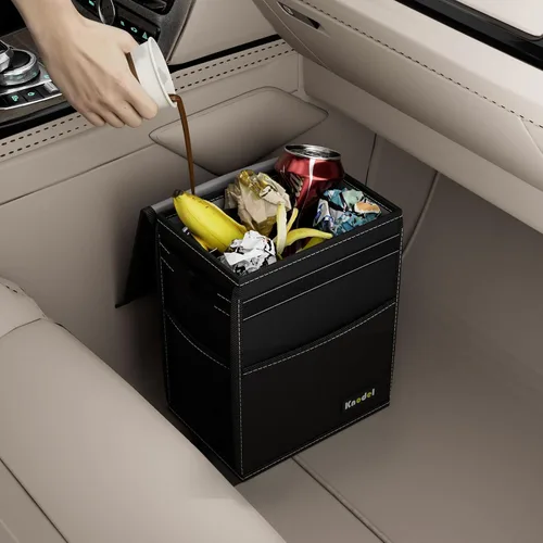 Vista 6 de Knodel - Papelera para coche, impermeable, con tapa, a prueba de fugas, bolsa de basura para coche, para colgar. Negro
