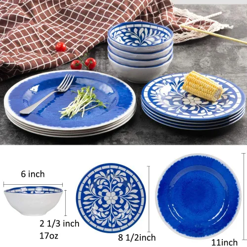 Vista 2 de Juego de vajilla de melamina Yinshine - 12 piezas de platos y tazones para 4, juego de platos y tazones para uso en interiores y exteriores - Apto