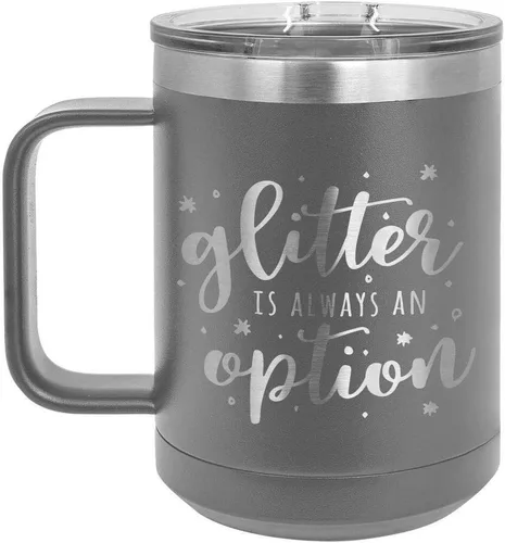 Vista 13 de GLITTER IS SIEMPRE UNA OPCIÓN Negro Taza de café de 15 oz con tapa deslizante Taza de café de viaje con aislamiento Ideas de regalos