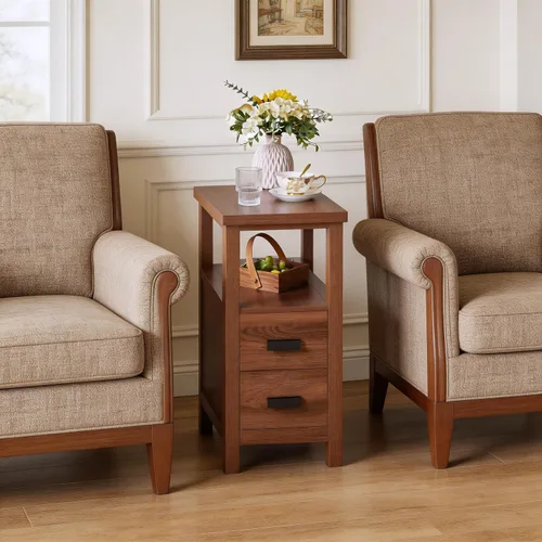 Vista 4 de Wood End Table Side Table Nightstand with 2 Drawer & USB Ports & Outlets 11.81in-brown