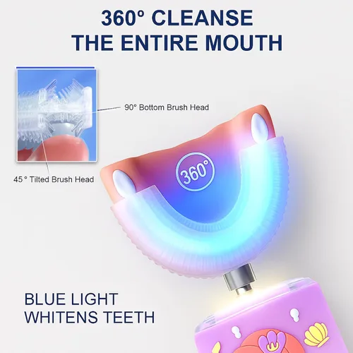 Vista 4 de Cepillo de dientes eléctrico para niños, cepillo de dientes en forma de U, cepillo automático sónico con 5 cabezales de cepillo, 6 modos de limpieza