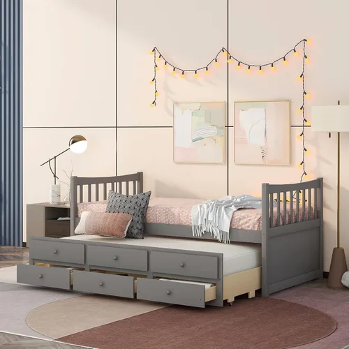 Vista 3 de Cama doble capitán con nido y cajones para niños, adolescentes y adultos, gris