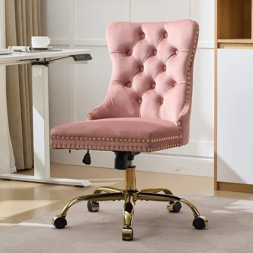Vista 2 de Silla de escritorio de oficina en casa de terciopelo rosa con ruedas y base dorada, cómoda silla de tocador para maquillaje con respaldo copetado
