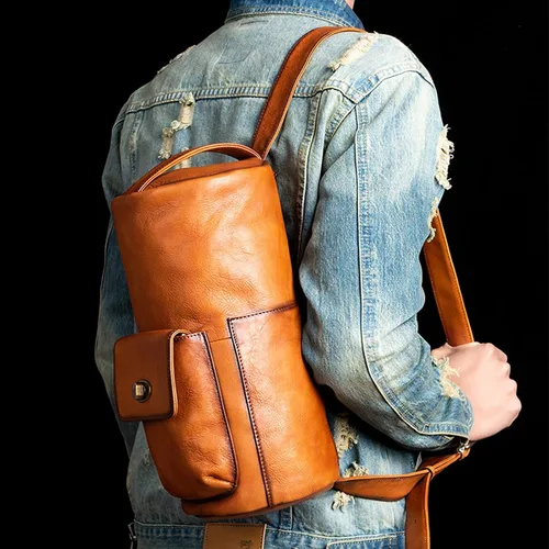 Vista 7 de NIUCUNZH Bolso bandolera de cuero genuino vintage hecho a mano, mochila de hombro, mochila de senderismo, paquete de viaje