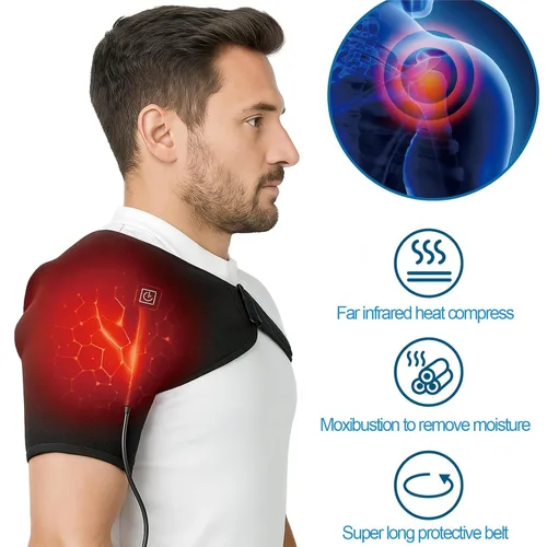 Vista 4 de Almohadilla térmica para hombros con 3 niveles de calor - Soporte de hombro ajustable para hombres y mujeres, alimentado por fuentes de alimentación
