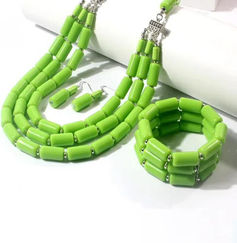 Vista 5 de Juego de collar de cuentas multicapa de estilo bohemio + aretes + pulsera para mujeres y niñas