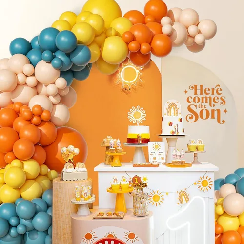 Vista 6 de Kit de arco de guirnalda de globos «Here Comes the Sun» de 151 piezas, estilo bohemio, retro, azul pizarra polvorienta, naranja quemado, naranja