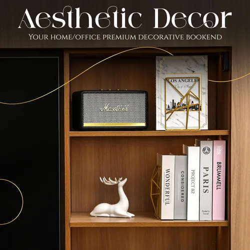 Vista 5 de Sujetalibros decorativos de metal dorado con diseño geométrico para estantes con acabado de recubrimiento en polvo, elegante soporte de escritorio