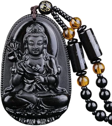 Vista 10 de Collar de Buda, collar de obsidiana negra para mujer, dije de Buda de buena suerte, cadena larga de cuentas que imita el budismo de jade, joyería