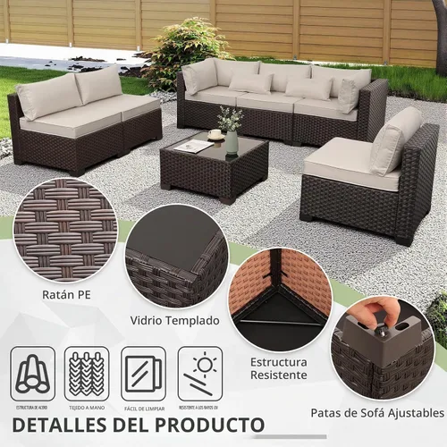 Vista 4 de WAROOM Juego de muebles de patio al aire libre, 7 piezas, sofá seccional de mimbre, sofá de conversación de ratán marrón con mesa auxiliar, cojín