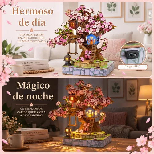 Vista 6 de Sakura Tree House Kit de casa en miniatura para adultos, rompecabezas de madera 3D con luz, juego de construcción de flor de cerezo japonés