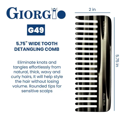 Vista 3 de Giorgio G49 Graphite, peine grande para desenredar el cabello, dientes anchos para cabello grueso, rizado y ondulado. Peine desenredante