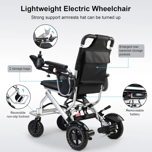 Vista 5 de Silla de ruedas eléctrica ligera y plegable, solo 33 libras, sillas de ruedas para adultos, batería de litio extraíble, sillas de ruedas motorizadas