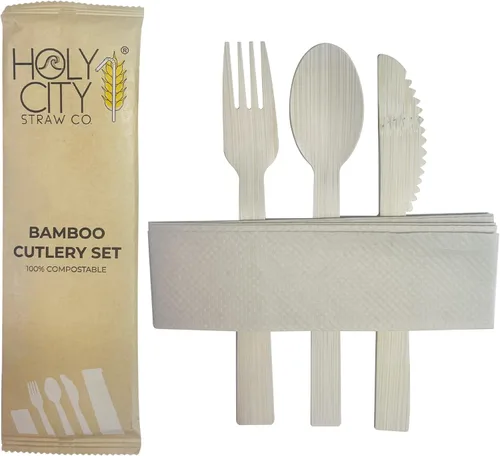 Vista 8 de Juego de cubiertos desechables de bambú envueltos 100 paquetes 1 cuchillo, 1 tenedor, 1 cuchara y 1 servilleta Kraft Utensilios biodegradables