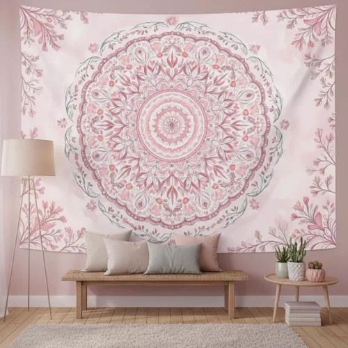 Vista 24 de Accnicc Tapiz bohemio con mandala floral para dormitorio, tapiz de pared con flores bohemias, pequeño, acuarela, azul, blanco, hippie, indio