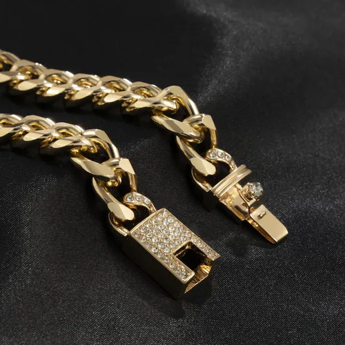 Vista 5 de Pingyongchang Punk Chic - Collar con cierre de diamantes de imitación cubano, pulsera de hip hop, oro cubano, eslabones cubanos de circón, cierre